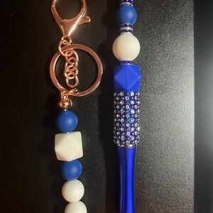 Blue Key and Card Holder with Decorative Beads and Pen